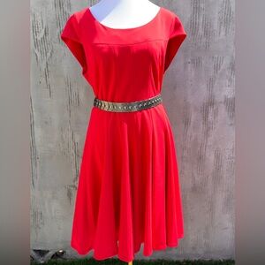 NWOT Red Calvin Klein Day Dress with Cap Sleeves Fitted Waist Flair Skirt -Sz 12